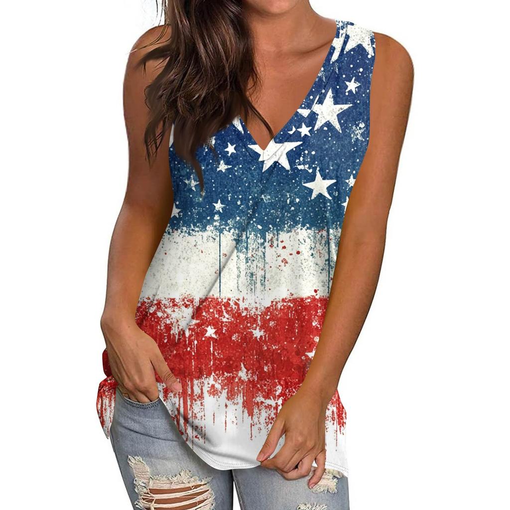 Women's Casual Fashion V-Neck Sleeveless Pullover Top Independence Day Printed Vest T-Shirt