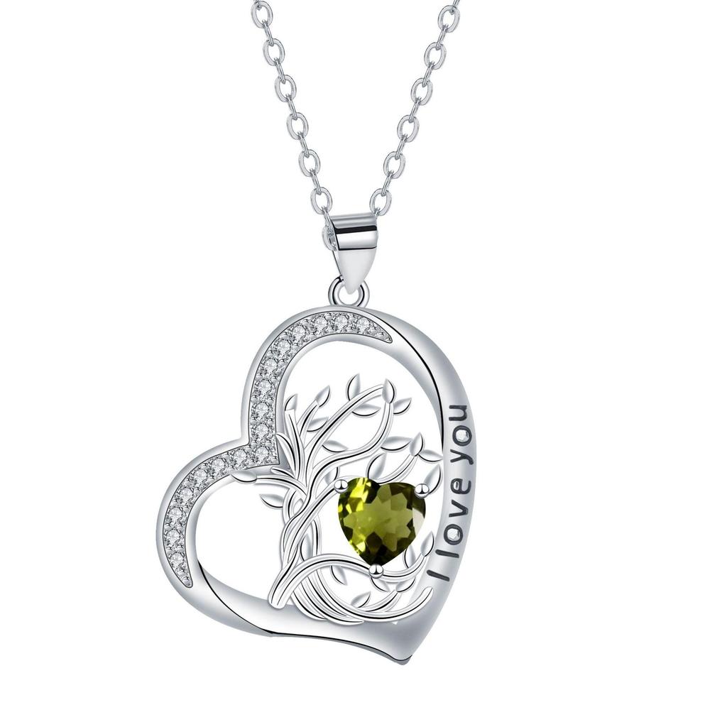 Heart-shaped Life Tree Necklace - Engraved Birthstone Pendant on Luxury Clavicle Chain for Women.