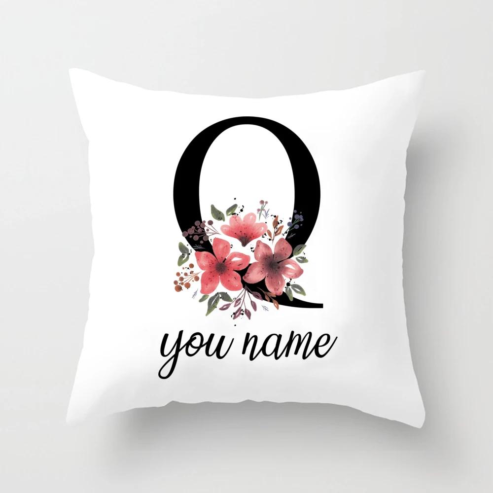 Personalized Name Flower Letter Pillow Case Alphabet Print White Square Pillow Case Dust Cover Bedroom Party Decoration