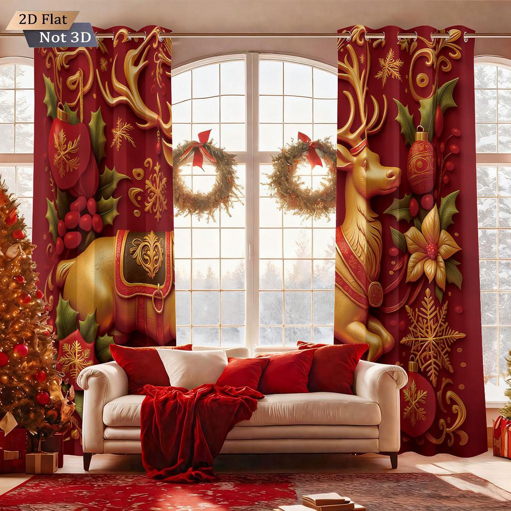 2pcs Christmas reindeer red print blackout curtains insulation multiple sizes living room holiday decoration machine washable