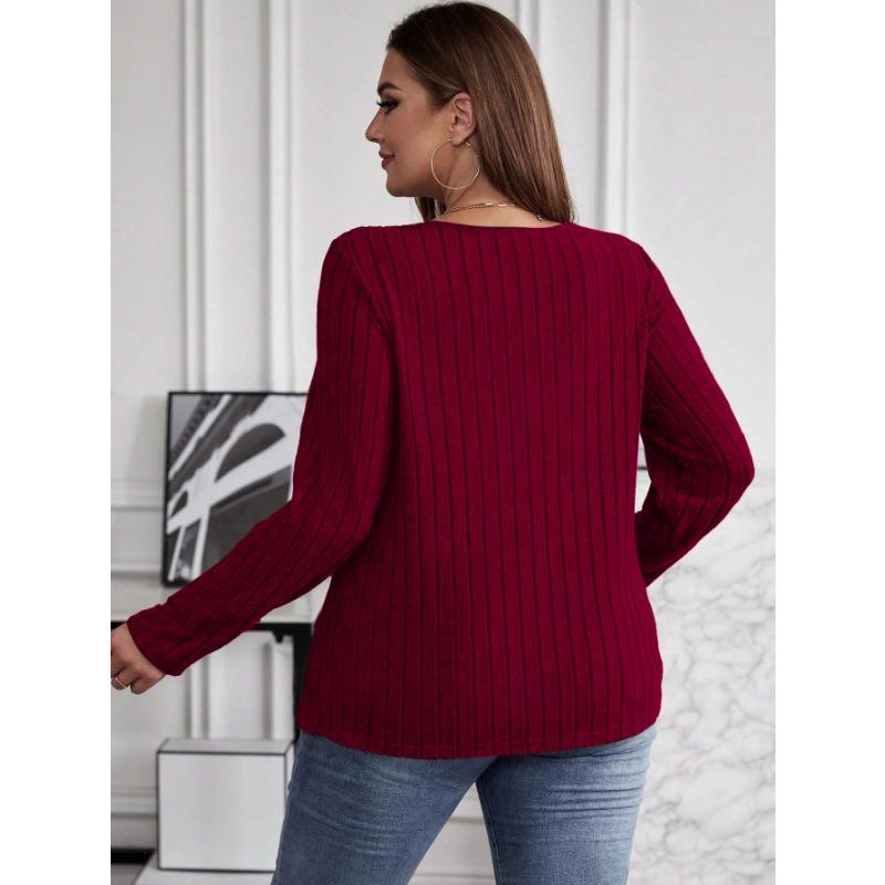 Autumn Winter Solid Color Plus Size Top Cross V-neck Long Sleeved Groove Brushed Pullover T-shirt