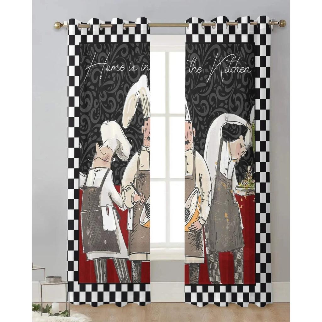 3D 2 Panels Chiffon Sheer Vorhang Küche Vorhang Küchengeschirr Chef Print Voile Tüll Cortinas für Küche Wohnzimmer Fenster Cort
