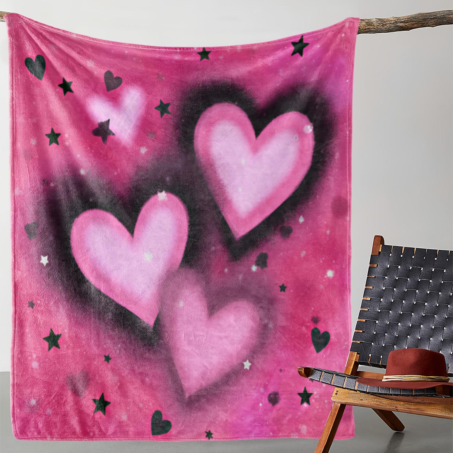 1pc Flannel Blanket - Soft Pink Hearts & Stars Print Throw - All-Season Cozy Warmth for Couch, Bed, Travel, Camping - Luxury Hom 130x150cm