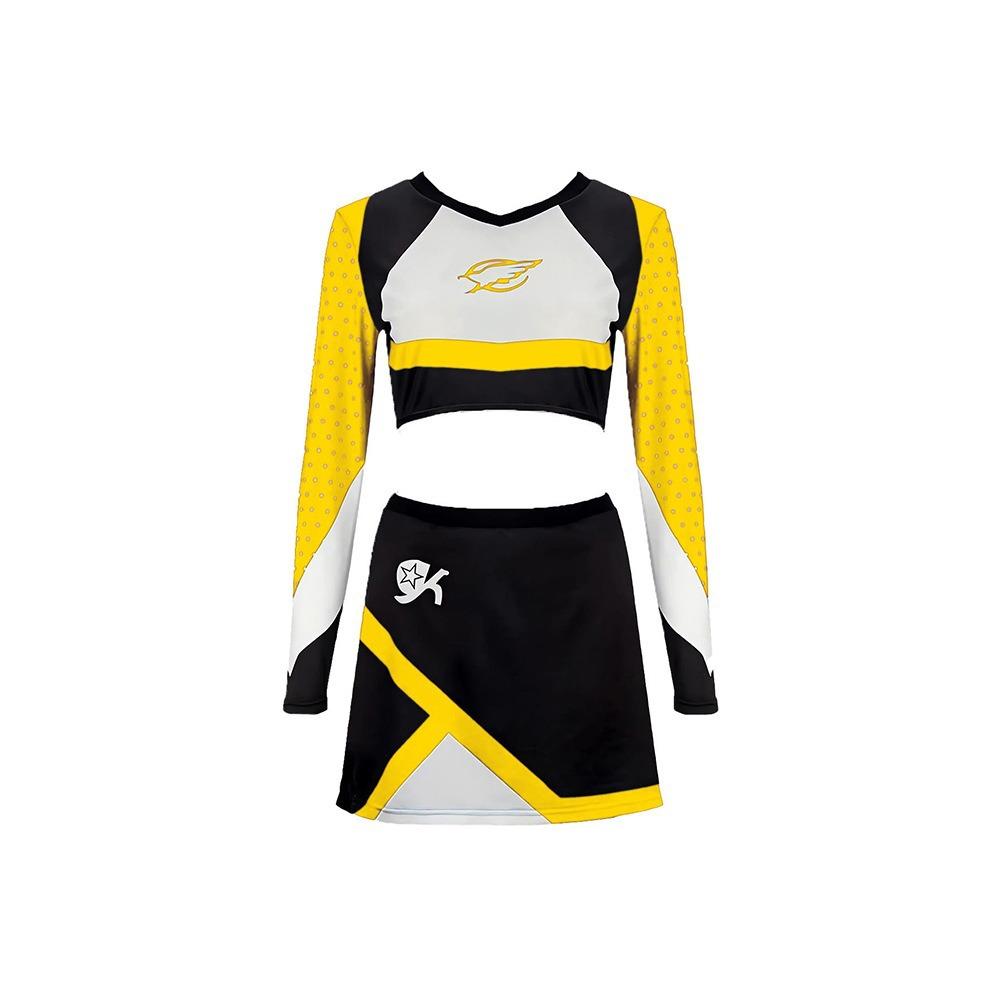2pcs 2026 Women Sparkle Cheerleading Uniform Long Sleeve Crop Tops Mini Skirt Halloween Party Cosplay Costume Cheerleader Skirts