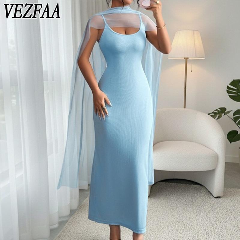 VEZFAA Women's Fashion Summer Spring Solid Color Print Sleeveless Suspenders High Waist Casual Dresses
