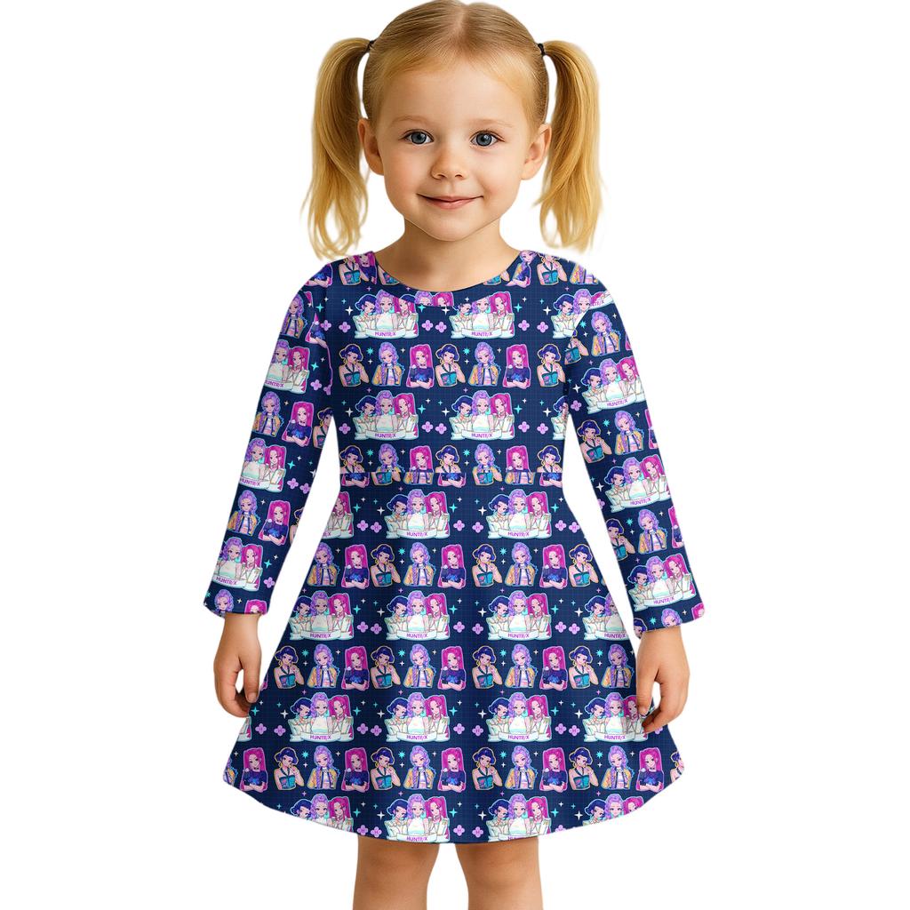 Kids Girls Casual Daily Dress Cute Cartoon Print Long Sleeves Dance Wear Princess Dress  2-12 Years