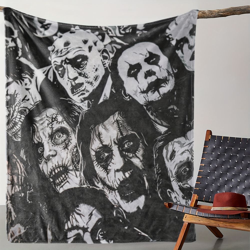Gothic Dark Horror Face Print Flannel Throw Blanket Soft Plush Warm Bed Sofa Cover, Vintage Halloween Aesthetic Decorative Rug for Home Bedroom Party