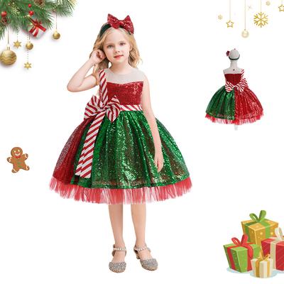 Striped Bow Christmas Dresses Girls Elegant Fluffy Tulle Cosplay Costumes Party Girls Princess Red Xmas Dress Birthday Gown