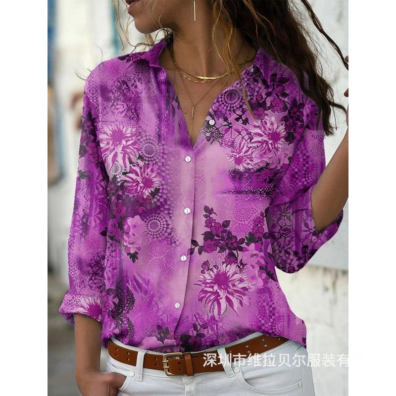 New Fashion Floral Print Lapel Plus Size Shirts for Women Elegant Button Up Long Sleeve Women's Casual Blouses Tops Slim Fit Simple Lady Shirt 26613