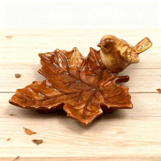 Braunes Blatt Keramikteller mit Vogeldesign Handgefertigte Dekorative Schale für Schmuck und Kleinkram Thanksgiving Partyzubehör