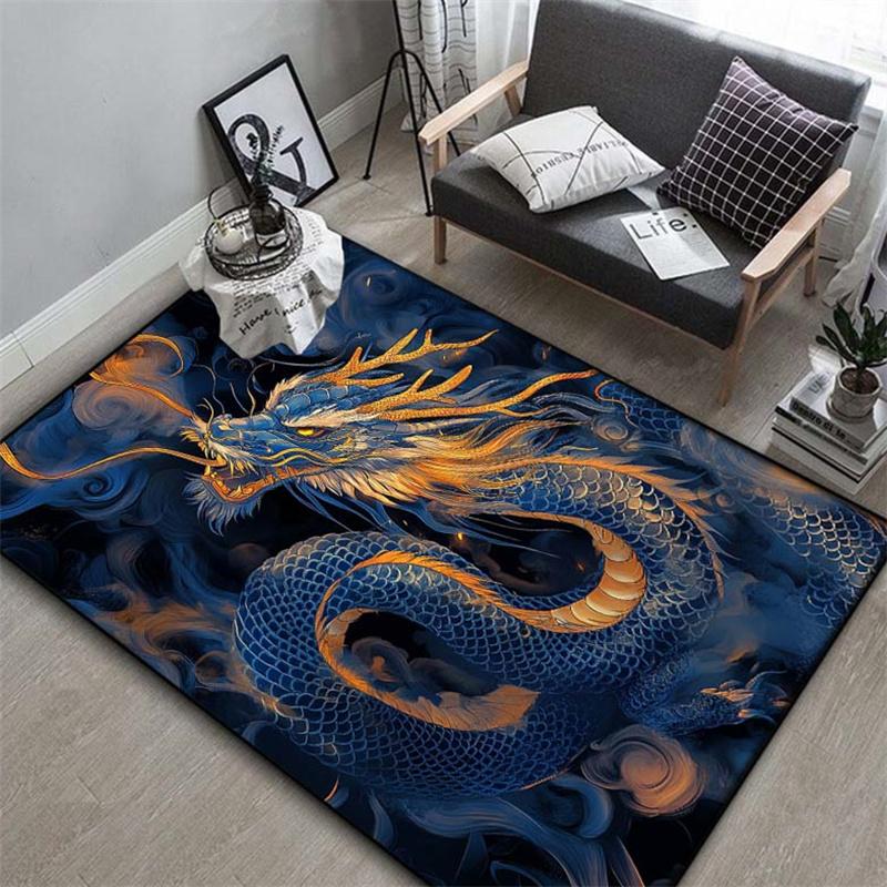 1pc Creative Chinese Dragon Print Non-Slip Area Rug, 3D Decorative Mat with Golden Scaled Blue Dragon Design, Durable Washable