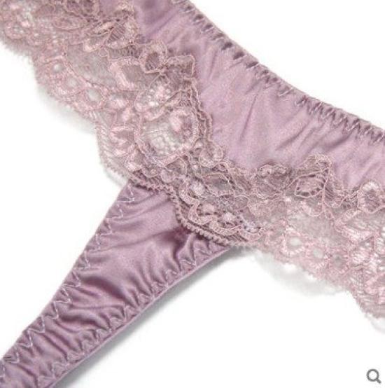MAYUDAMA SILK Luxury Silk Satin Lace Romantic Panties Pink Low-Rise T-Back Women's (XL, Purple)