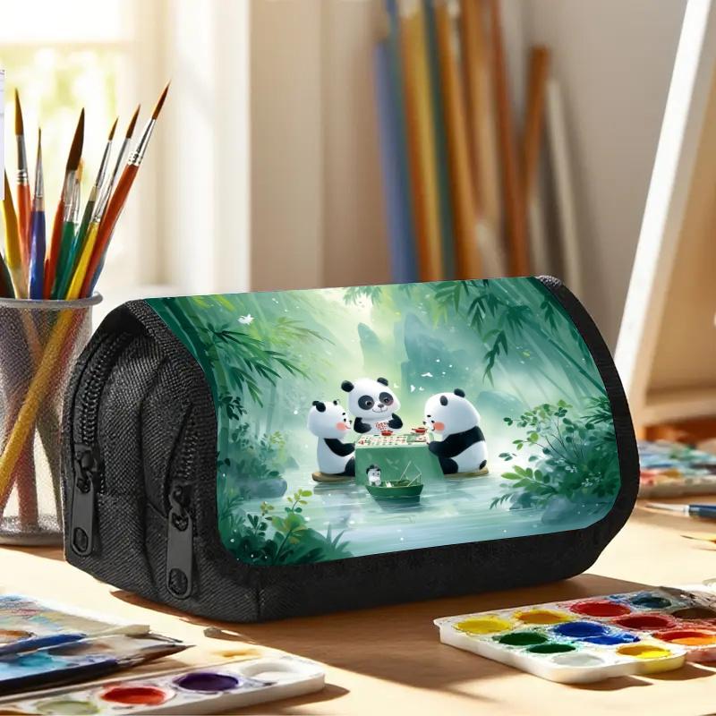 1pc Panda Mahjong Themed Double-Layer Pencil Case with a Large Capacity And Zipper Closure, Perfect for School, Work, And Travel. A Great Gift for Bir