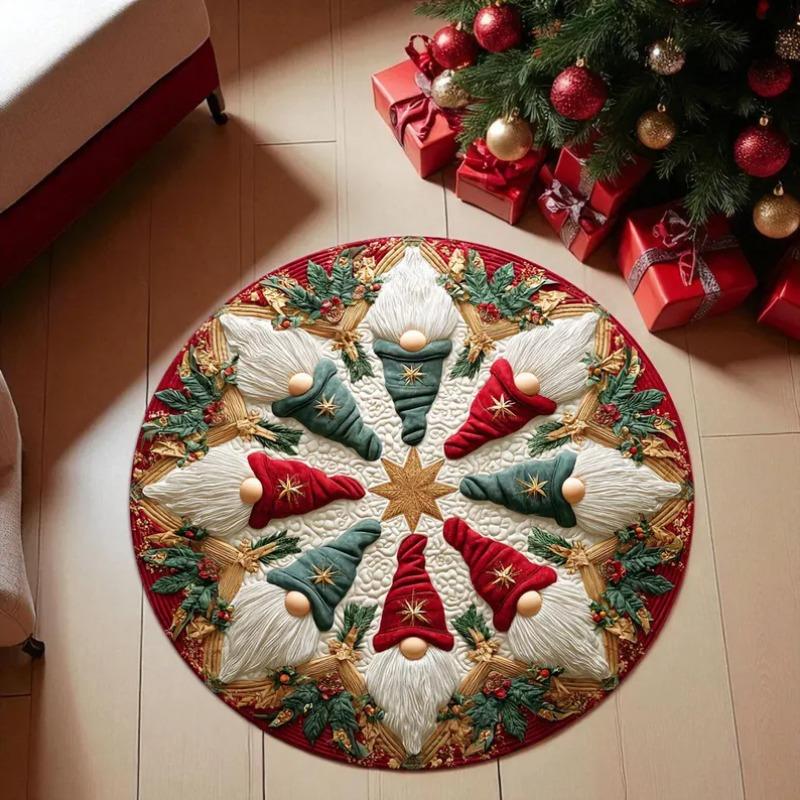 Christmas Round Carpet Santa Slide and Tree Printing Festive Holiday Decorative Rug Floor Mat for Christmas Carpet Under Tree