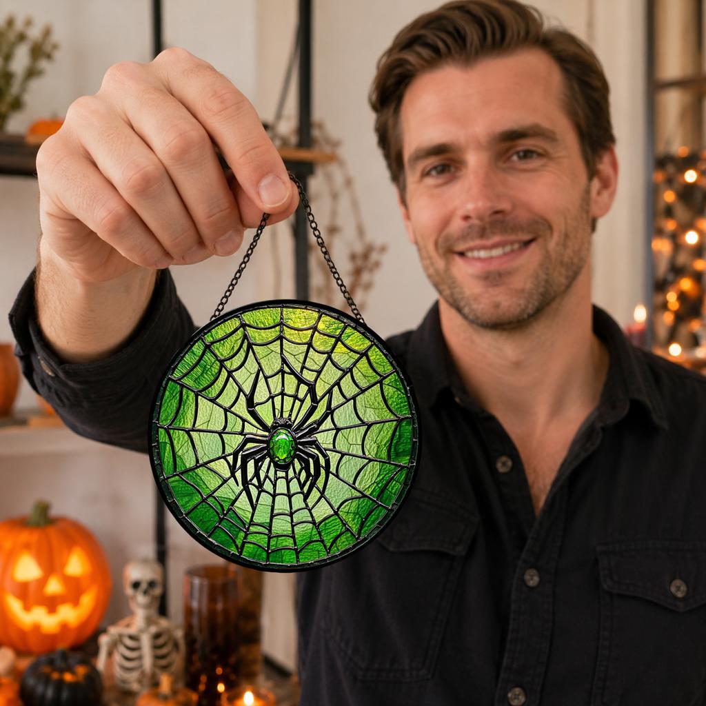 Acrylic Hanging Ornament with Spider Web Pattern Round Shape Decorative Pendant for Halloween Party Home Wall Window Decor