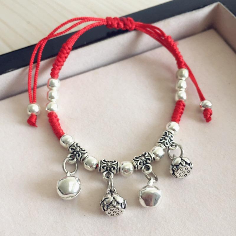 Retro red rope bracelet, small fresh couple bell, long life lock, safe anklet, handmade hidden silver jewelry.
