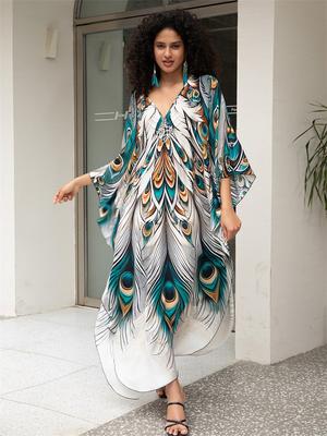 Vintage Peacock Feather Printing Loose Kaftan Swimsuit Coverup For Women 2024 Summer Casual House Dress Beachwear Cover-ups Q1628