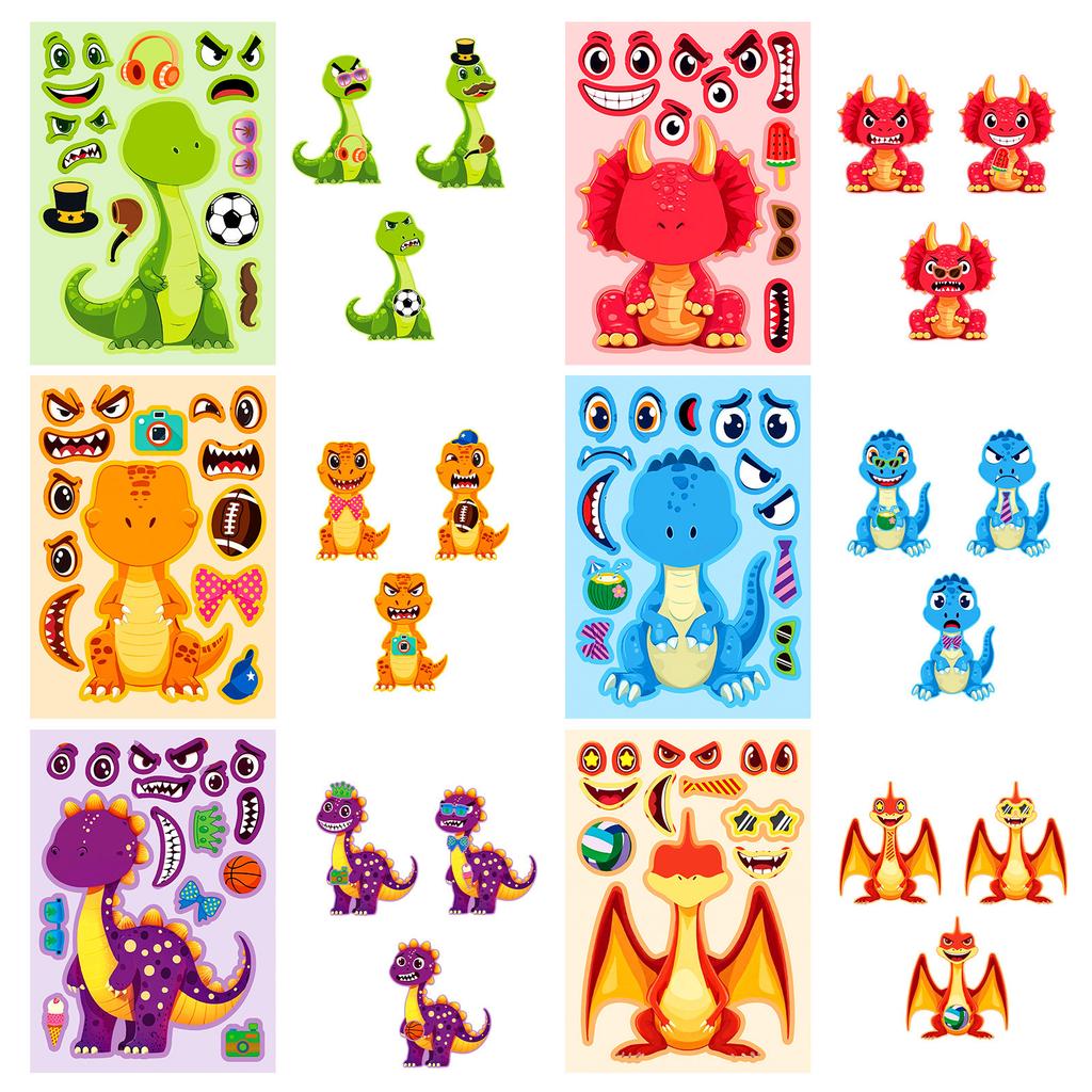 6Pcs Dragon DIY Cute Cartoon Puzzle Sticker Creative Animals Make A Face Assembly Stickers Children's Toys
