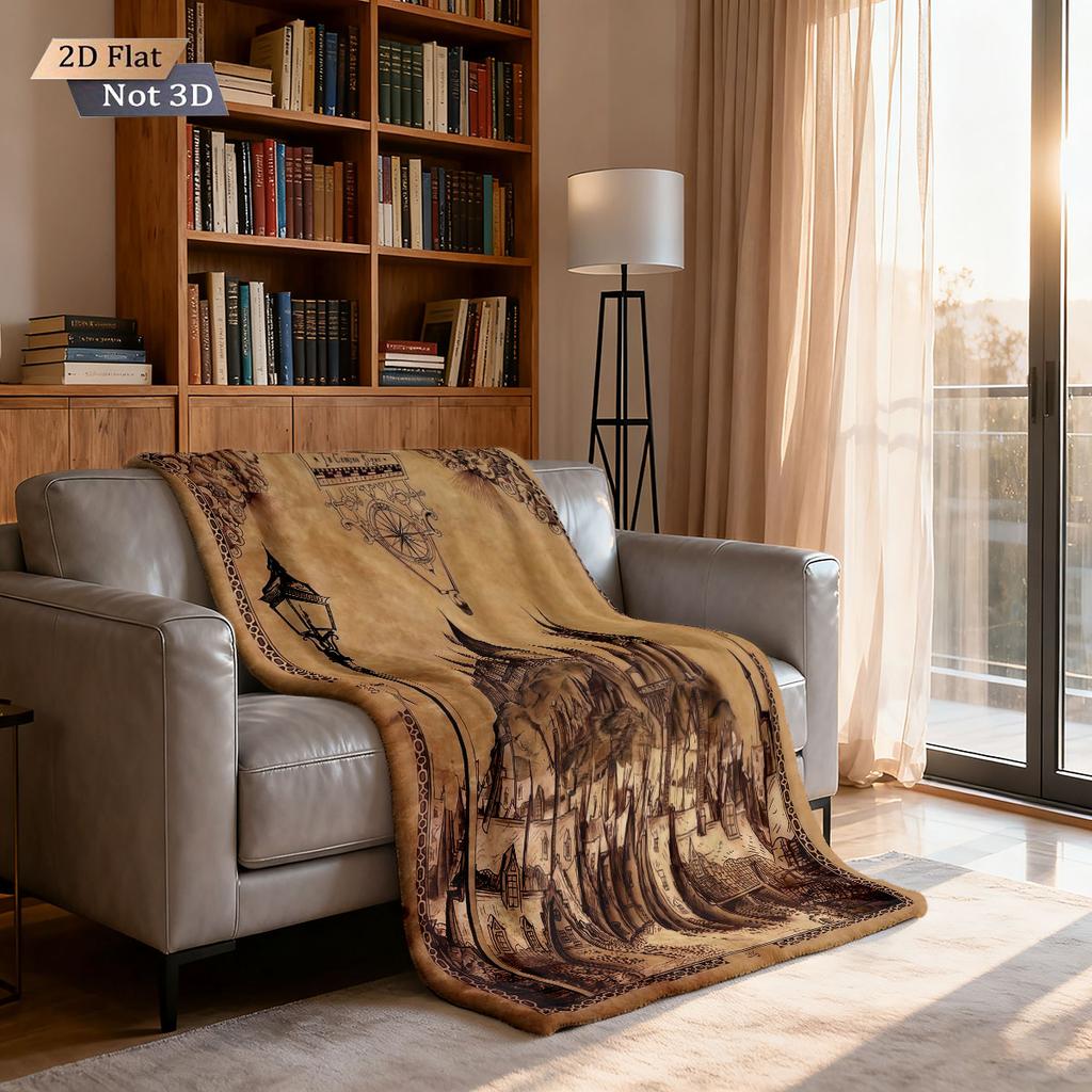 1pc Ancient World Castle Town Printed Flannel Blanket In Multiple Sizes, Soft and Comfortable, Casual Napping Cover Carpet