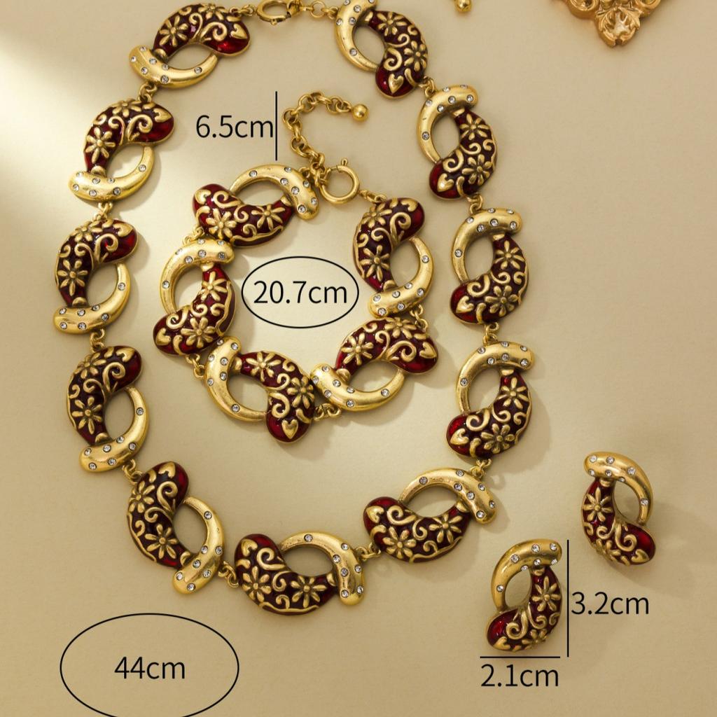 Mittelalterlicher Vintage Hofstil Retro Angola Rot Stecker Ohrringe Halskette Armband Set Nischendesign Premium