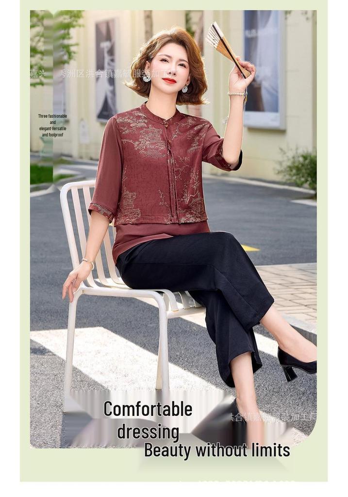 Elegant Summer Chiffon Top & Wide-Leg Pants Set for Moms and Seniors