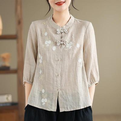 High-end Chinese Stand-up Collar Button Chic Top Retro Embroidered T-shirt Women Clothing Summer Quarter Sleeve Cotton Linen