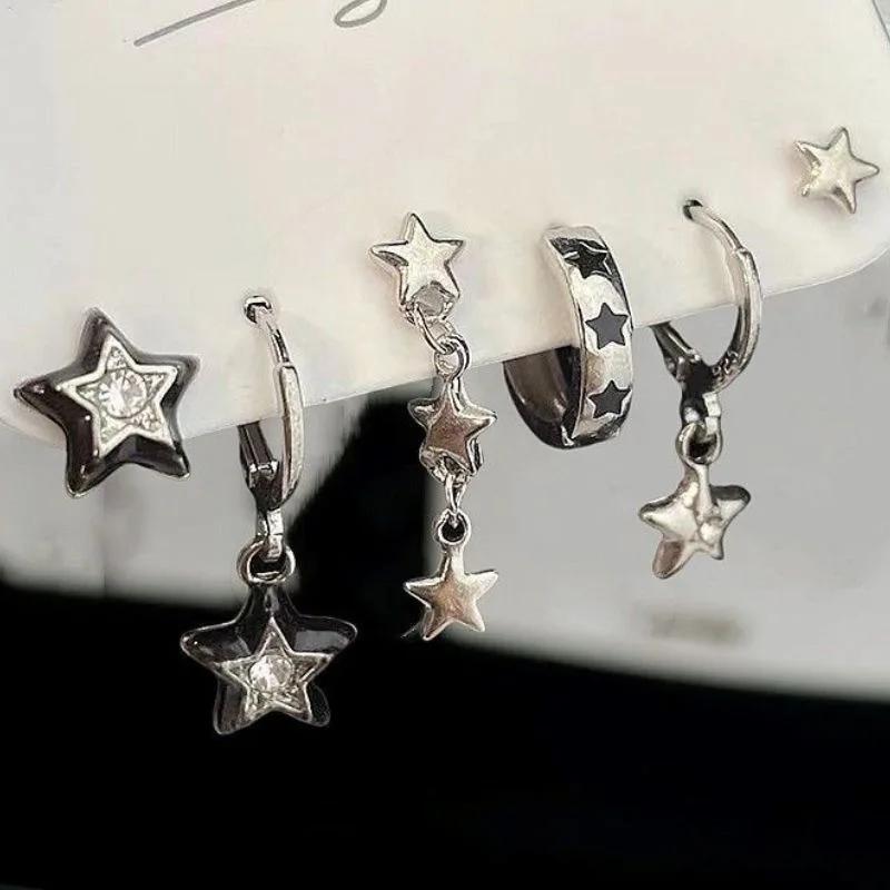 Goth Trendy Red Crystal Star Earring Set for Women Men Vintage Aesthetic Heart Star Pendant Earring Y2K Jewelry Accessories