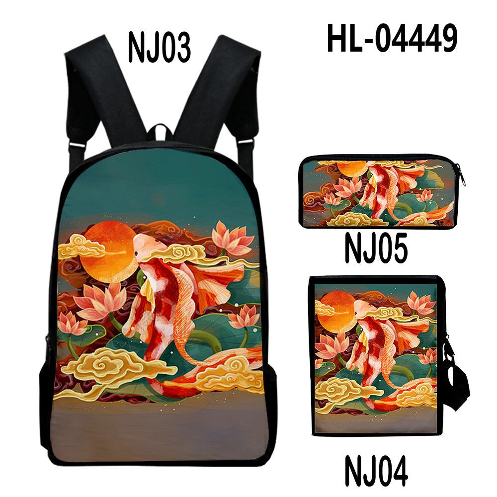 Classic Novelty Cool Koi Carp 3D Print 3pcs/Set Pupil School Bags Laptop Daypack Backpack Inclined Shoulder Bag Pencil Case