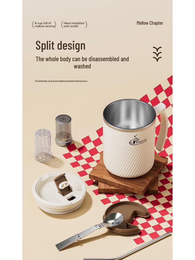 Portable Stainless Steel Mug with Lid, Spoon & Tea Infuser - Multi-Purpose Cup for Tea, Coffee, Milk, or Water.