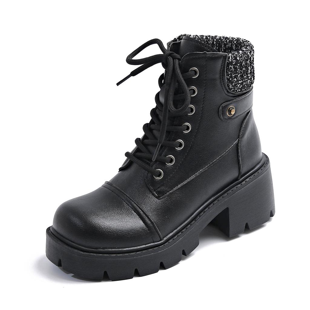 40-43 Large Size Shoes Platform Thick Heel Short Boots Autumn and Winter New Women's Boots Retro Lace-up Belt Buckle Boots Foreign Trade Shoes