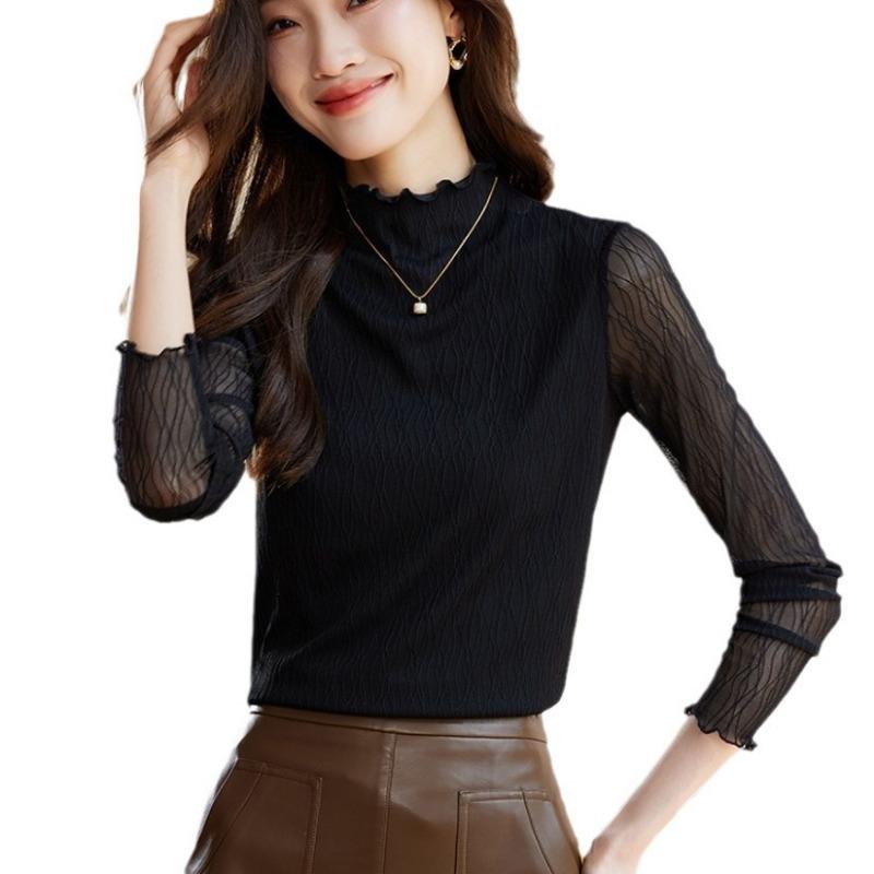 Undercover Shirt with Women's Lace Half High Collar Long Sleeved T-shirt Top for Autumn and Winter