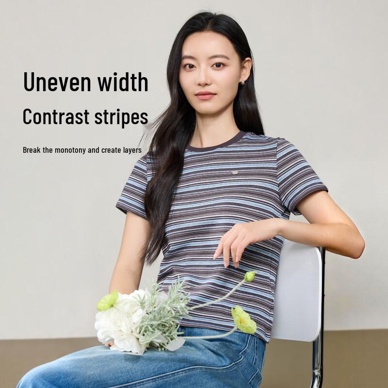 ESE-Y Women's Striped Color-Block Round Neck T-Shirt