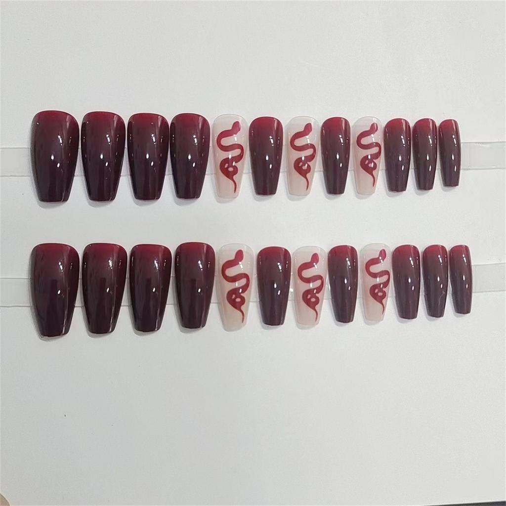 Woman Glossy Press-on Nail Wine Red Snake Pattern Ballerina Artificial Nail for Salon Expert and Naive Women