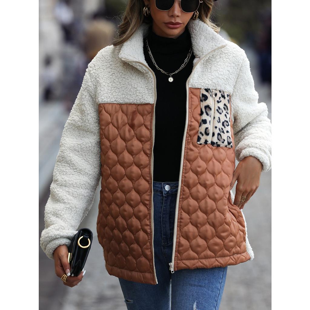 2025 Neuer Damen Casual Flauschiger Mantel Langarm Locker Rundhalsausschnitt Patchwork Reißverschluss Tierdruck Beidseitiges Fleece Oberbekleidung