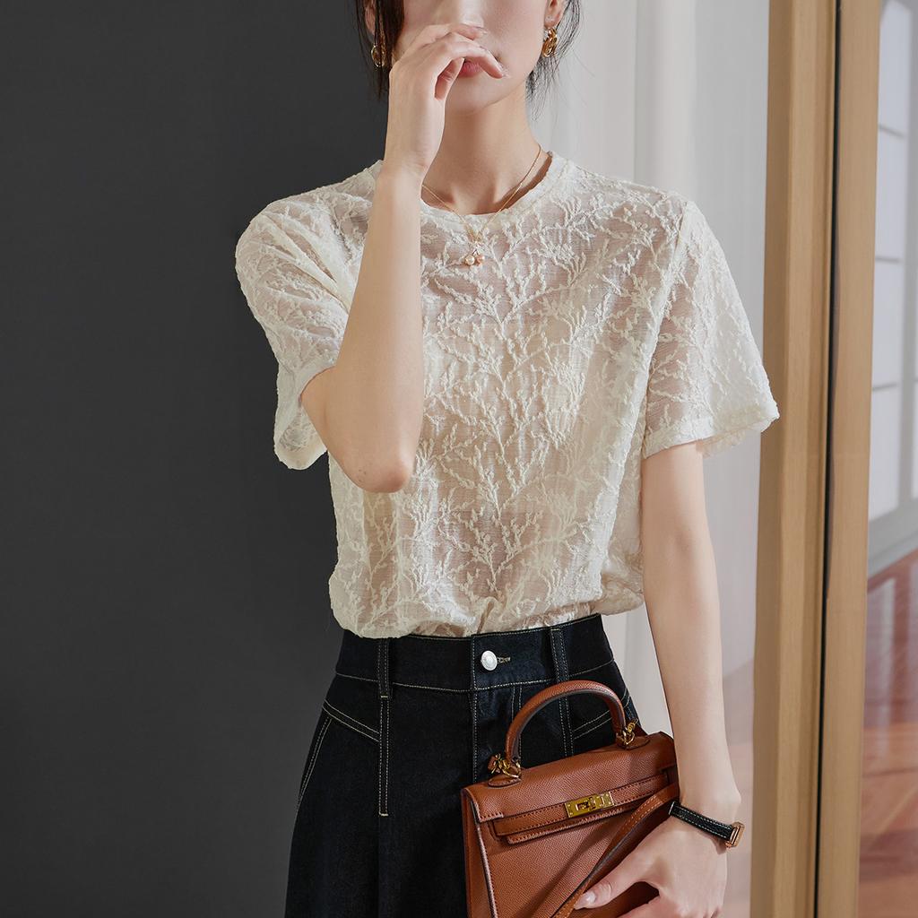 Texture Round Neck Short-Sleeved Shirt for Women