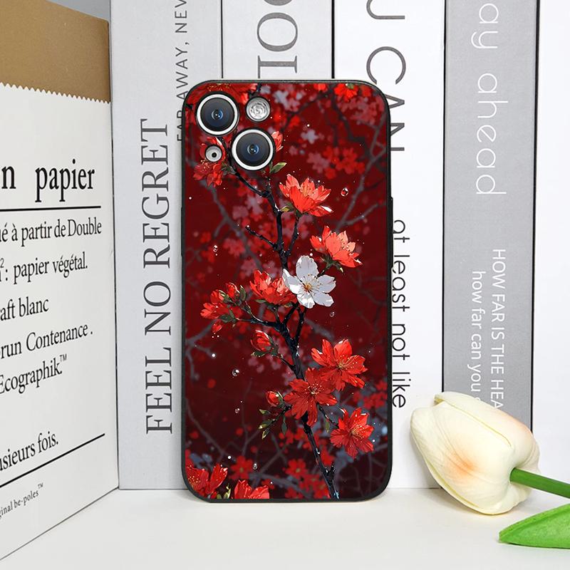 Retro Künstlerisches Rotes Blume Pflaumenblüte Muster Handyhülle für iPhone 17 16 12 11 14 Plus 13 15 Pro Max Mini X XS XR Weiche Hüllen