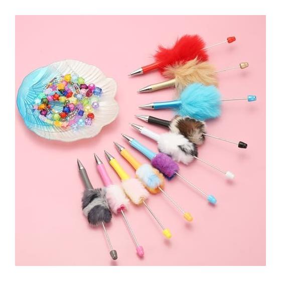PATIKIL Fluffy Beads Pen, Plush Faux Fur Plastic Bead Ballpoint Pen for DIY Gifts, Writing, Office Supplies - 10 Pcs (Red)