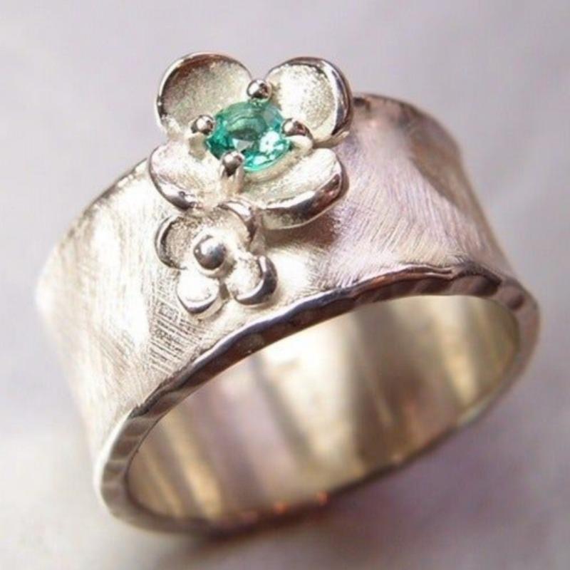 Vintage Inlaid Green CZ Flower Women's Ring Ethnic CopperColor Geometry Daily Wear Party Jewelry Anniversary Gift