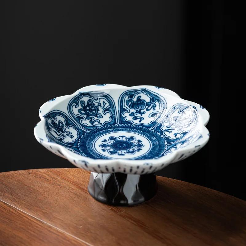 Haushaltsteller im chinesischen Stil zur Aufbewahrung von Nüssen und Keksen, blauweißes Porzellan, Obstteller, Wohnzimmertischplatte, Aufbewahrungstablett für Kleinkram