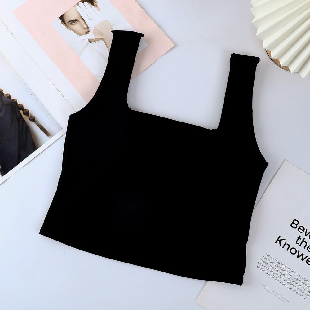 Ice Silk Wide Strap Camis Women Solid Color Square Neck Crop Tops Fashion Padded Tube Top Female Sleeveless Camisole
