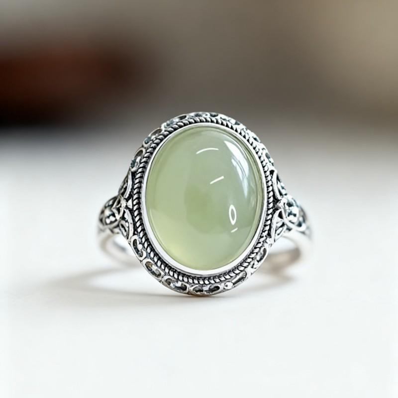 Adjustable Open Ring Women Men Vintage Chinese Style Hollow Oval Jade Inlay Bohemian Ethnic Minimalist Statement Jewelry