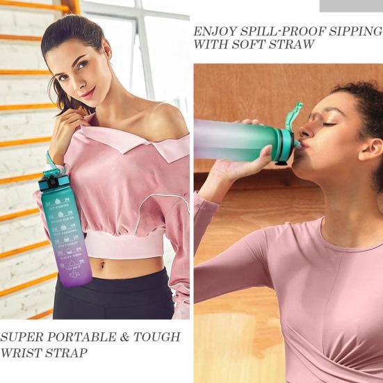 1000ml Wasserbecher Lebensmittelqualität Auslaufsicher Große Kapazität mit Zeitmarkierung Trageband-Design Staubdicht Motivierende Sport-Wasserflasche mit Strohhalm Büro