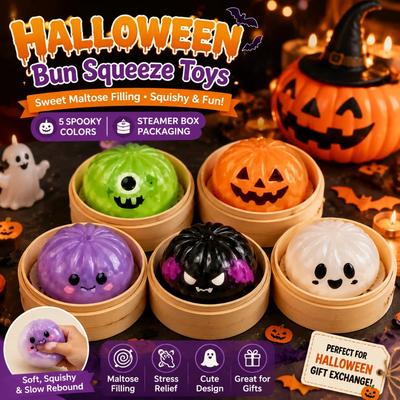 Maltose Steamed Bun Squeeze Toy Halloween Gift Bao Squishy Fidget Toy with Steamer Soft Sensory Stress Relief Accessory