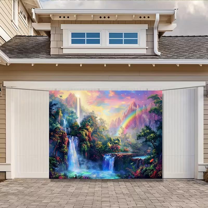 2D Dreamy Forest Waterfall Wall Tapestry Rainbow Sky Background Cloth for Home