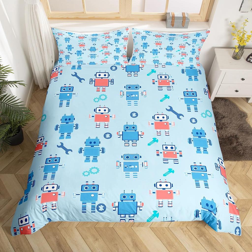 Cartoon Robot Duvet Cover Watercolor Screw Tools Bedding Set Modern Sci-Fi Robot Comforter Cover For Kids Polyester Quilt Cover