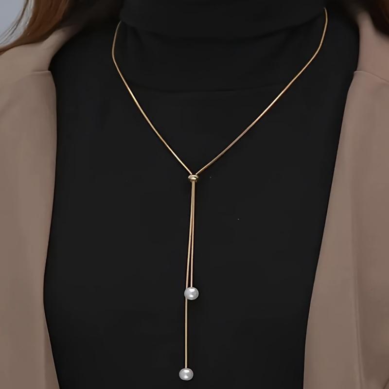Long Pull Adjustable Pearl Necklace Alloy Jewelry Bohemian Elegant Style for Women Winter Sweater Chain