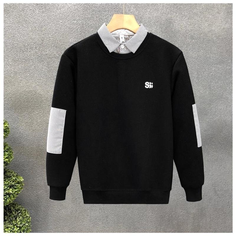 Men's Fake Two-Piece Sweatshirt Striped Shirt Collar Knit Pullover Casual Long Sleeve Top For Daily Wear