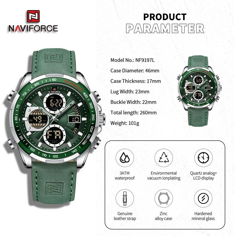 Naviforce Relojes para hombre NF9197L Doul Display, reloj de pulsera electrónico Digital LED de cuarzo resistente al agua para regalo
