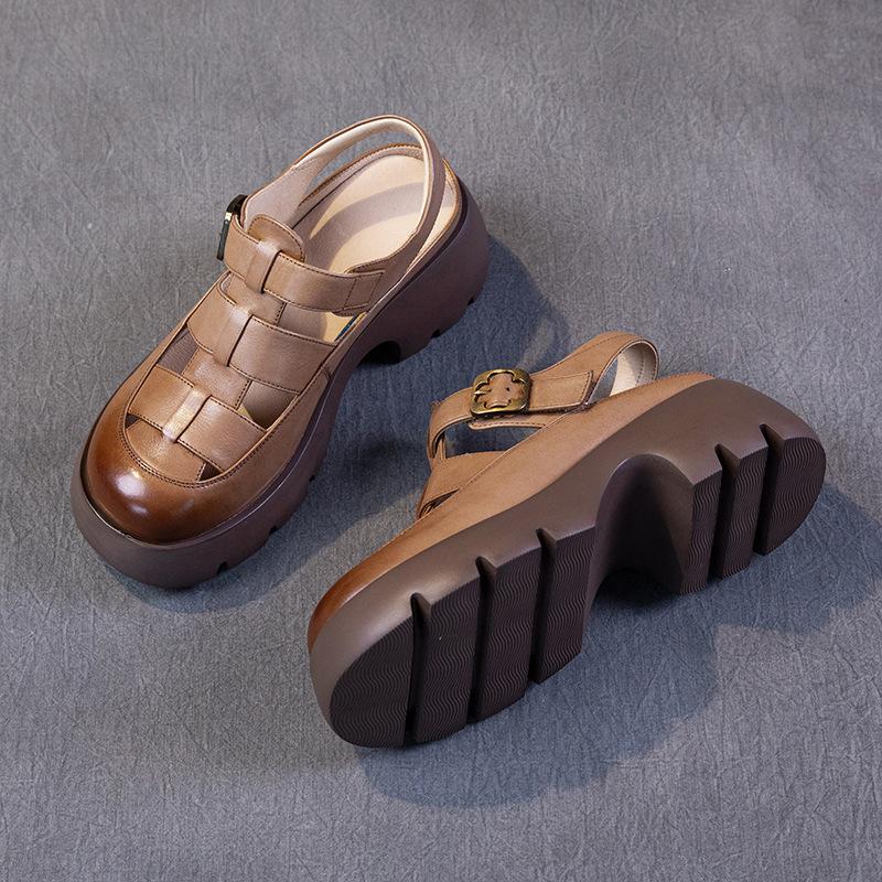 

Босоножки на платформе из коровьей кожи первого слоя, женские летние 2025, новые, дышащие, с полым верхом, в стиле ретро, на платформе, римские лоферы для женщин 40 коричневый