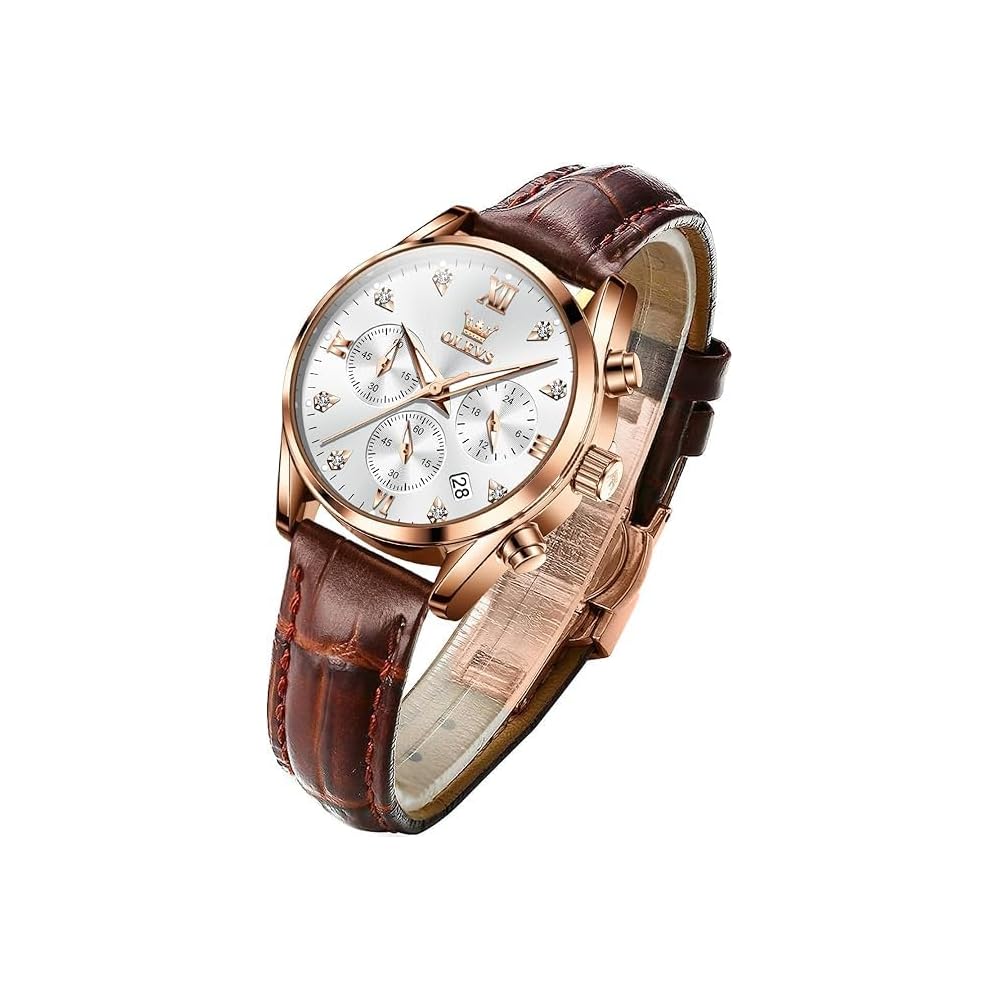OLEVS Women s Quartz Watch Rose Gold & White Leather Band Luminous Dial 30M Water Resistant